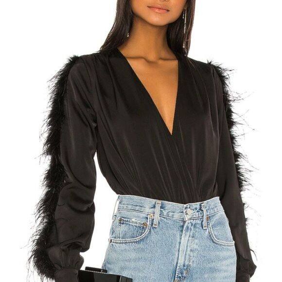 REVOLVE, NBD RAJAH BLACK FEATHER BODYSUIT - Picture 1 of 8
